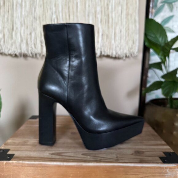 Zara Black Genuine Leather Pointy Toe Inner Zipper Platform Ankle Boots Size 8 - Picture 5 of 13